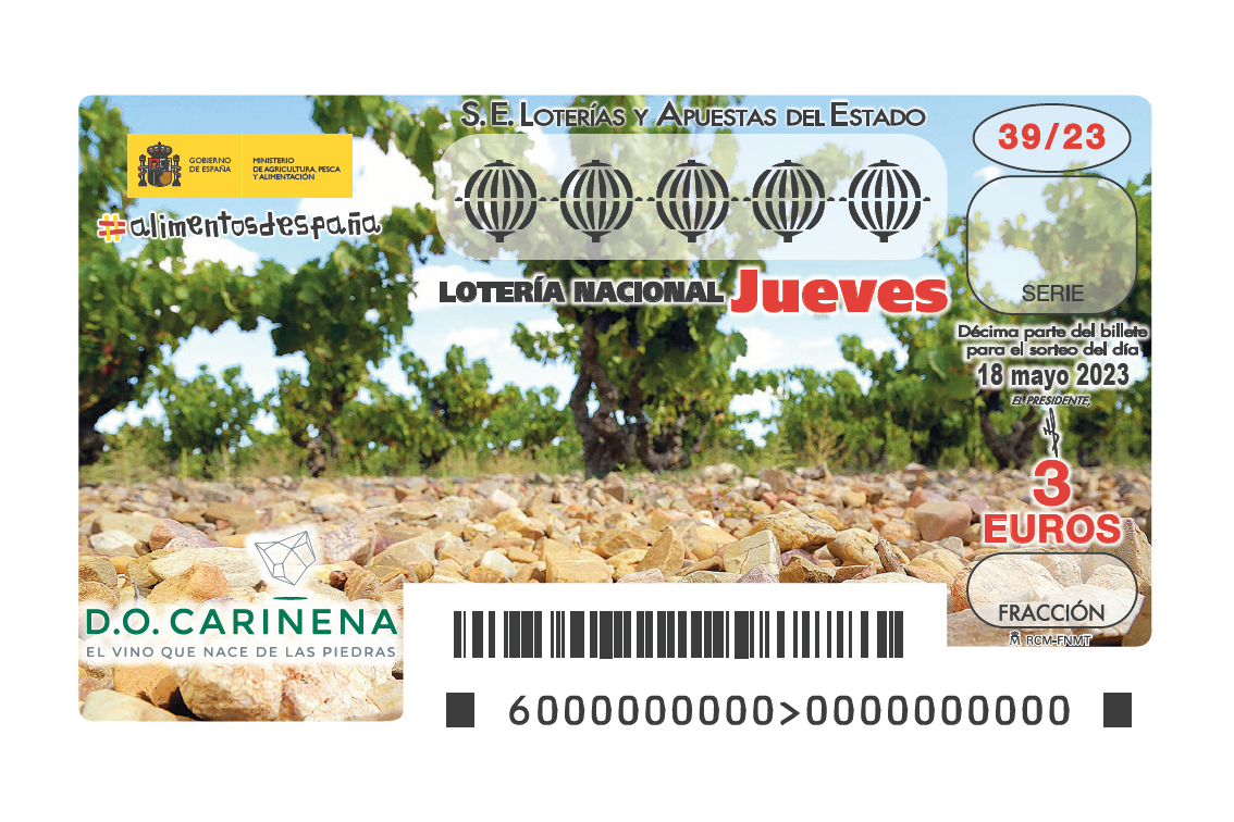 La imagen de la Denominación de Origen Cariñena protagoniza el décimo de Lotería Nacional de este jueves