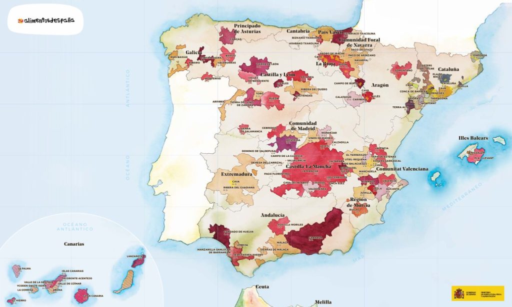 Mapa de las denominaciones de origen de vinos de España diseñado y compartido por el Ministerio de Agricultura